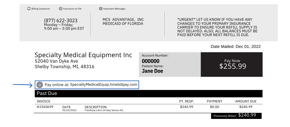 A sample invoice for online bill pay instruction from Specialty Medial Equipment.